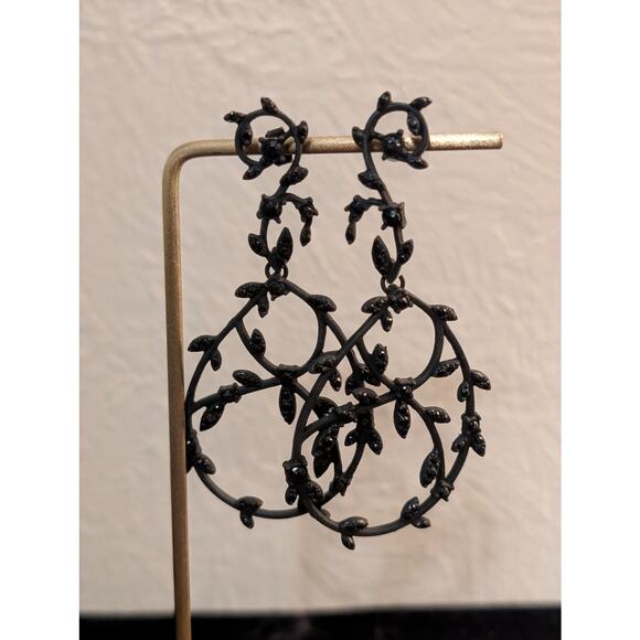 Black Subtle Sparkle Leafy Vine Dangle Post Earrings - Picture 5 of 5